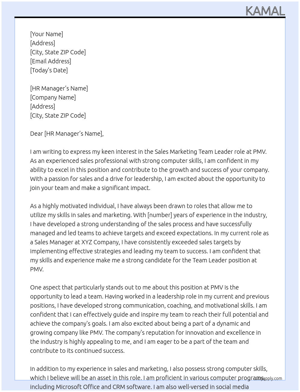 sales Marketing  At pmv Cover Letter