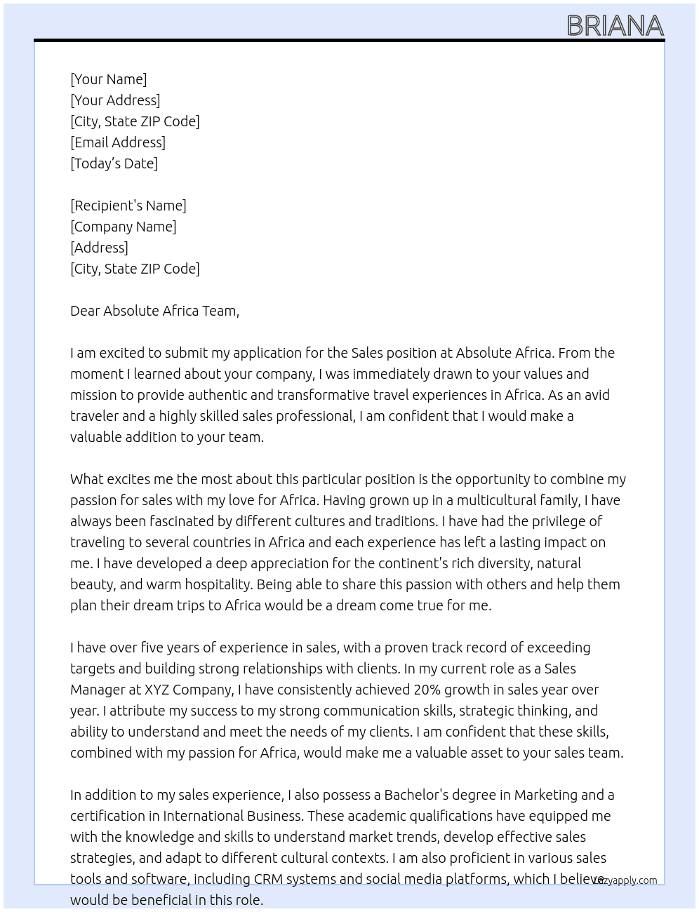 Sales At Absolute Africa Cover Letter