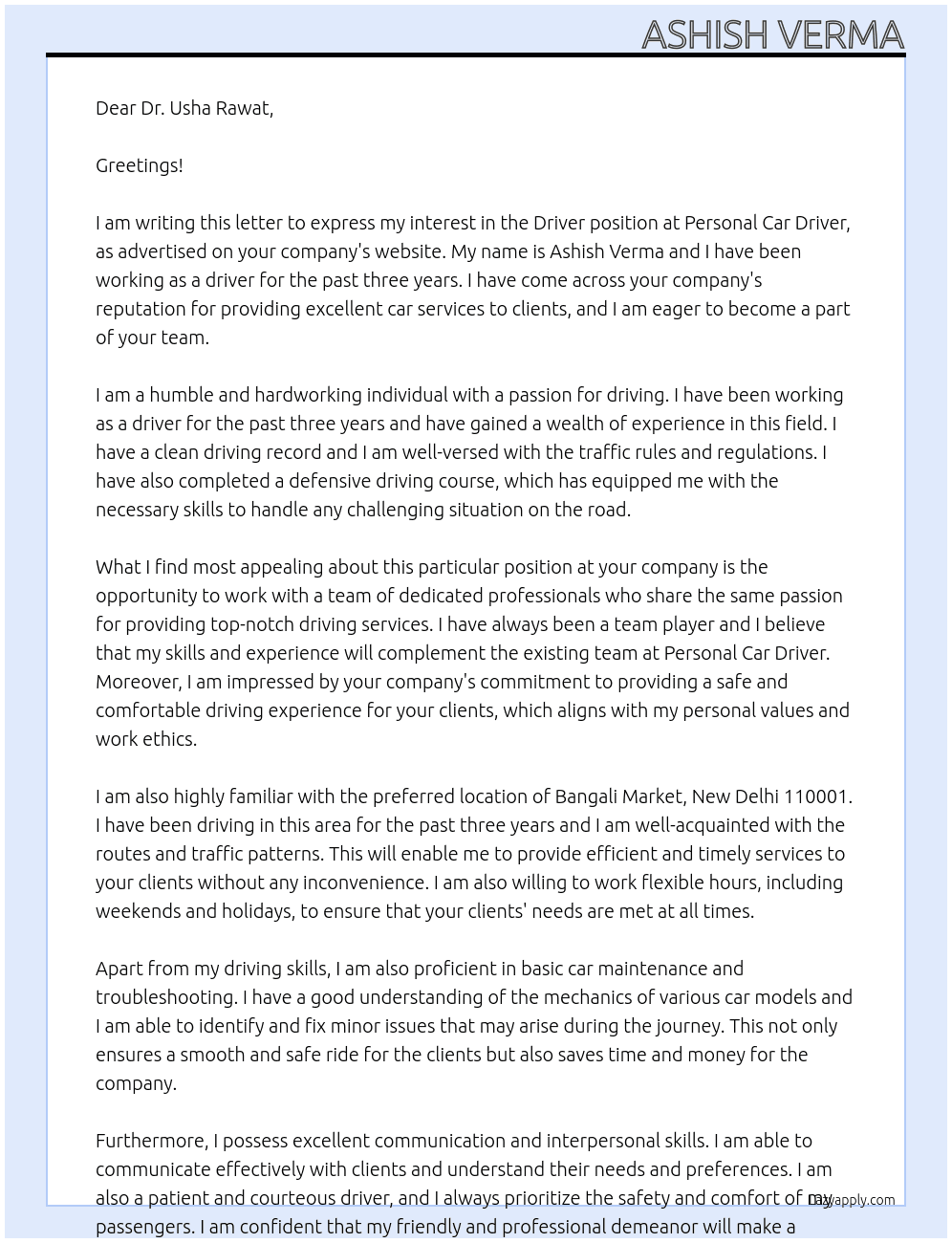 Driver job At Personal car driver Cover Letter