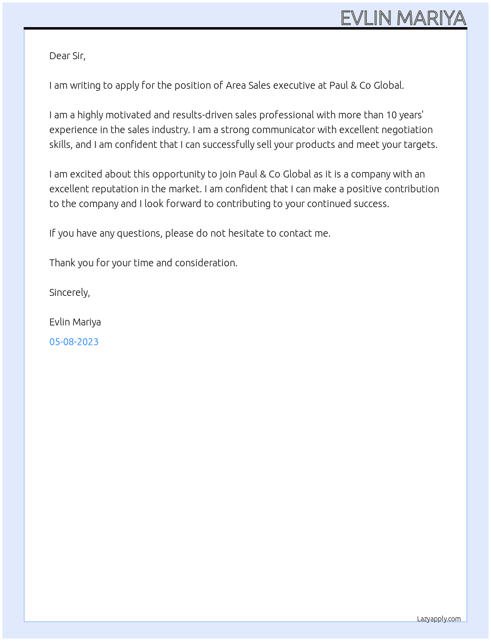 Area Sales executive  At Paul & Co Global  Cover Letter