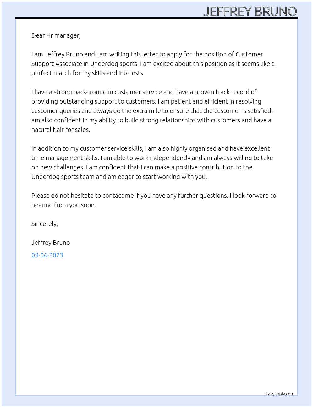 Customer Support Associate At Underdog sports Cover Letter