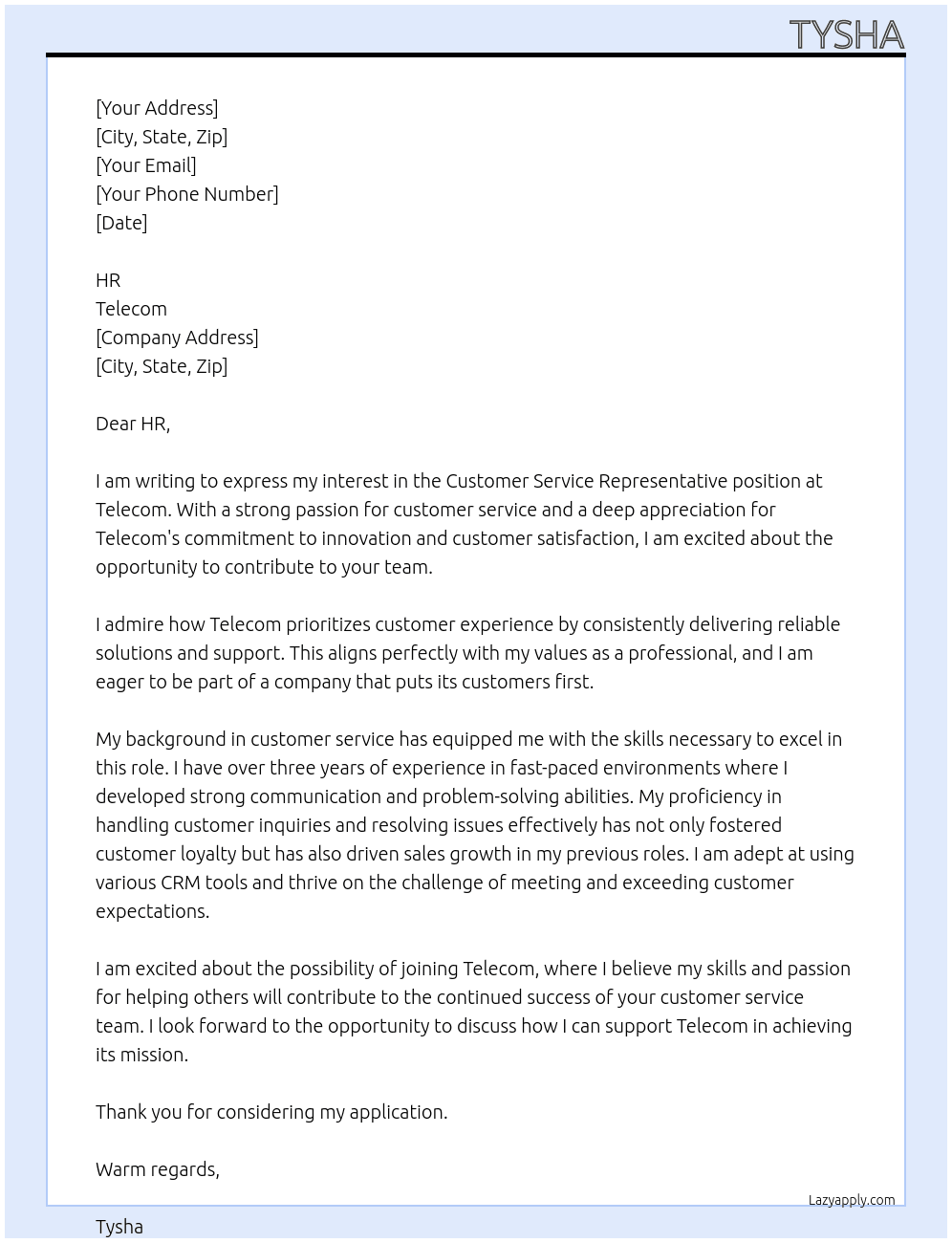 Customer Service Representative  At Telecom Cover Letter