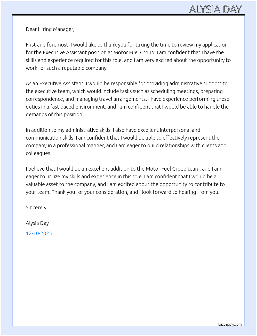 Executive Assistant At Motor Fuel Group Cover Letter