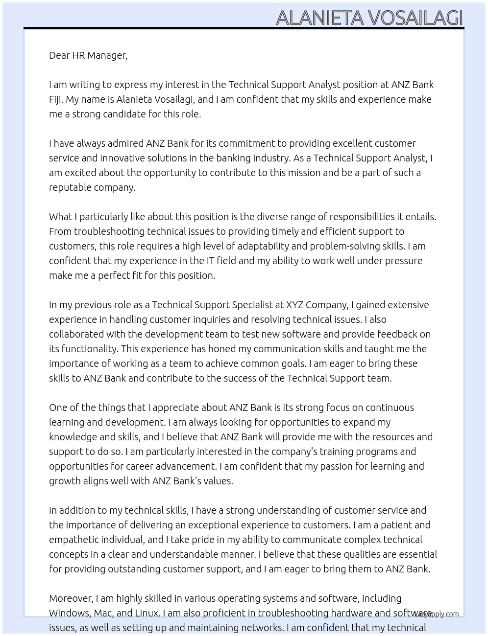 Technical Support Analyst At ANZ Bank Fiji Cover Letter