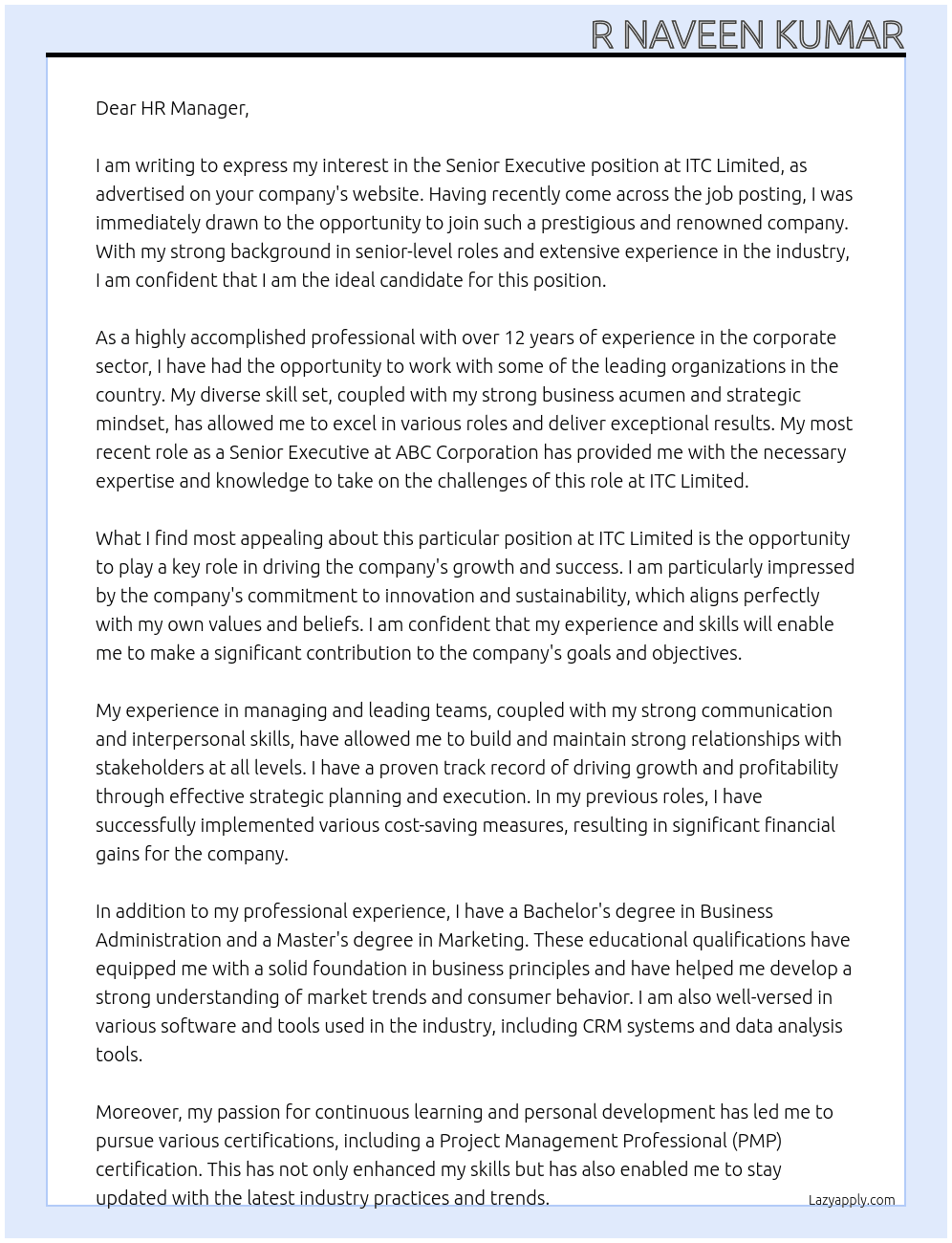 Senior executive At ITC Limited Cover Letter