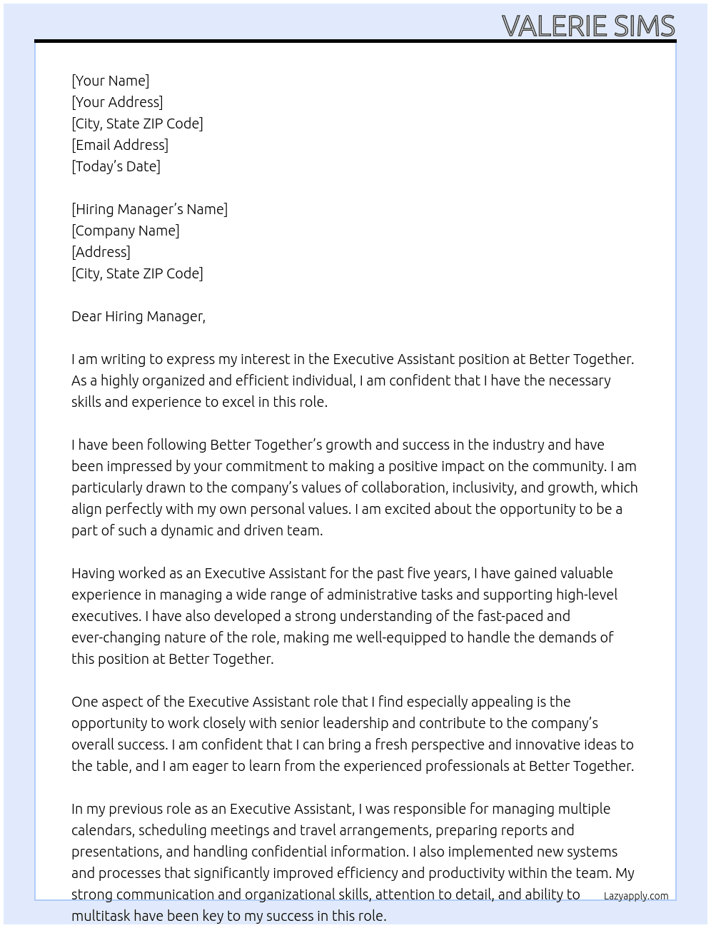 Executive assistant At Better Together Cover Letter