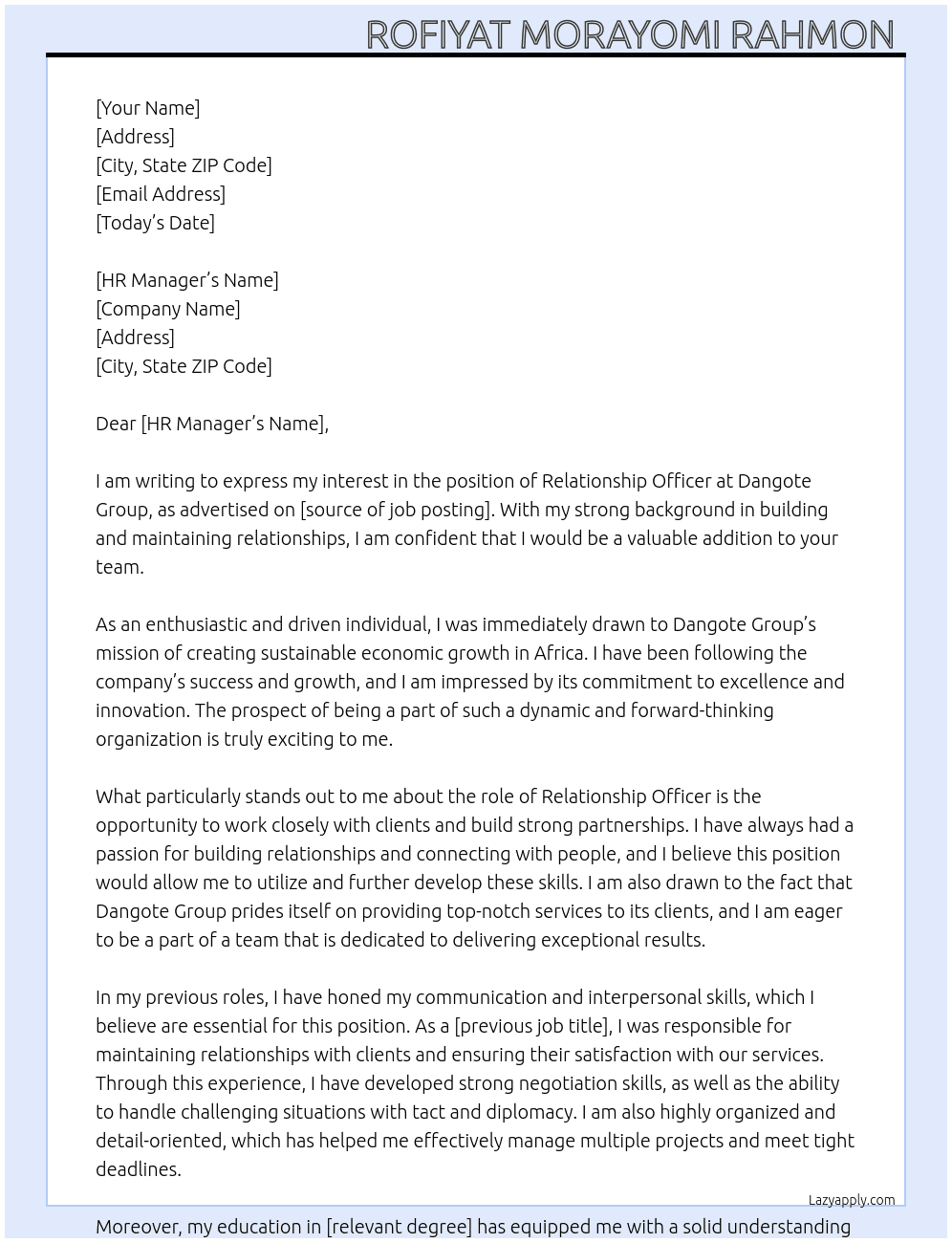 Relationship officer At Dangote Group Cover Letter