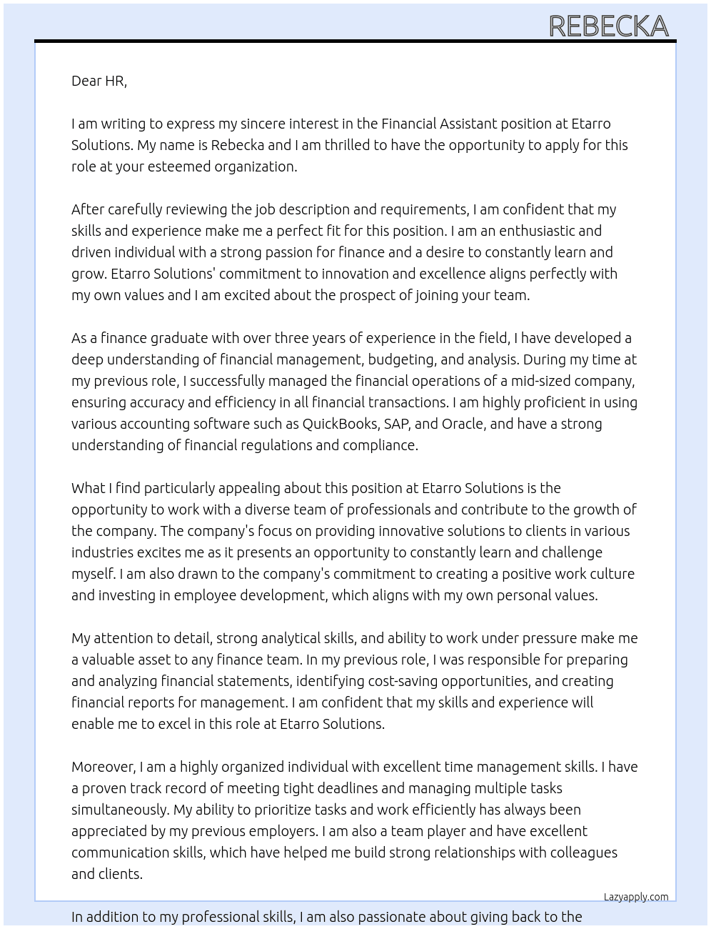 Financial Assistant At Etarro solutions Cover Letter