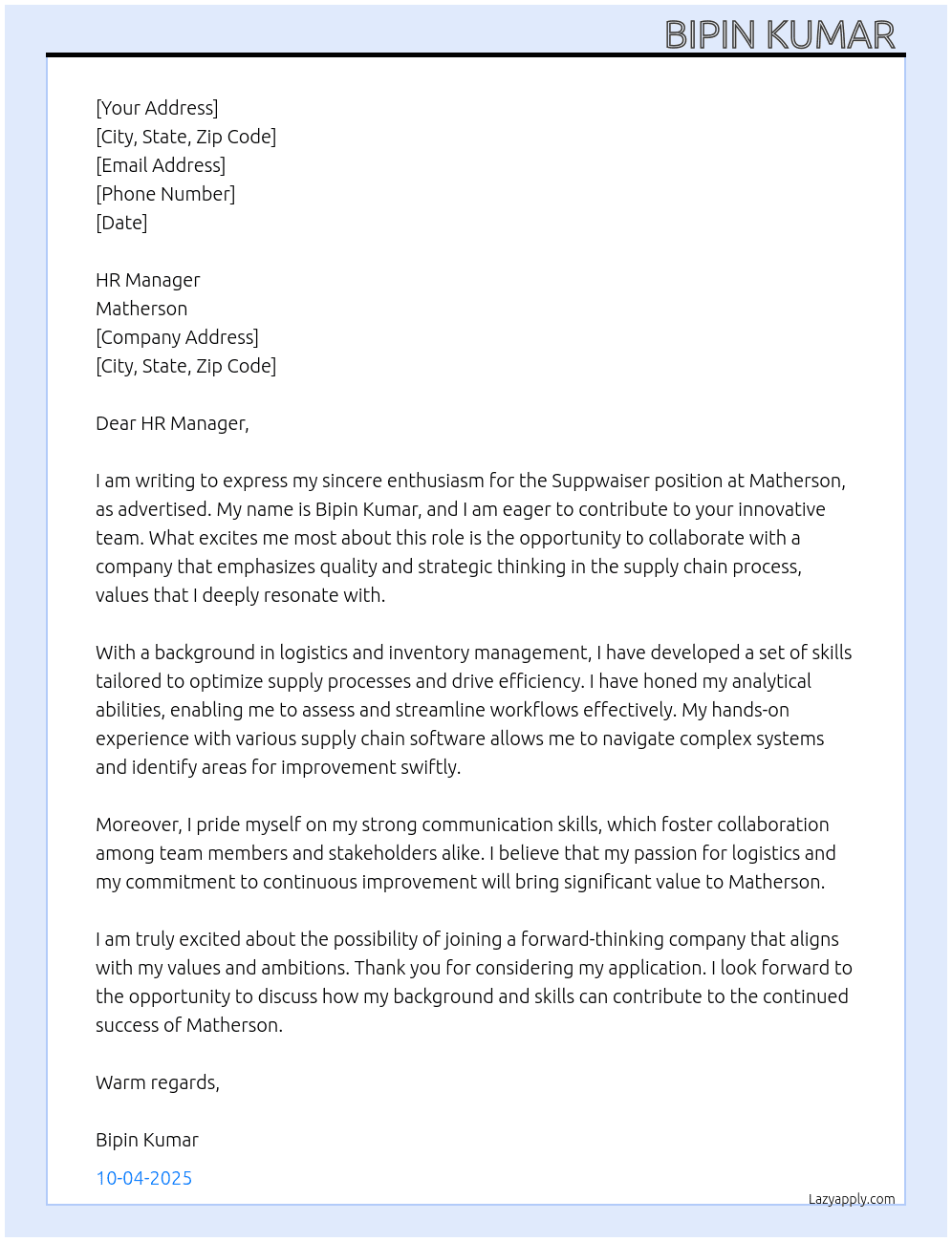 Suppwaiser  At Matherson Cover Letter