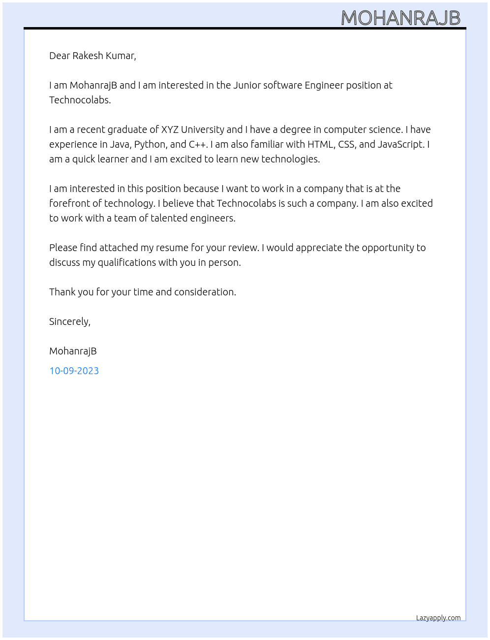 Junior software Engineer  At Technocolabs Cover Letter