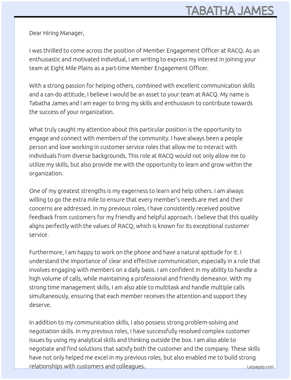Member engagement officer  At RACQ Cover Letter