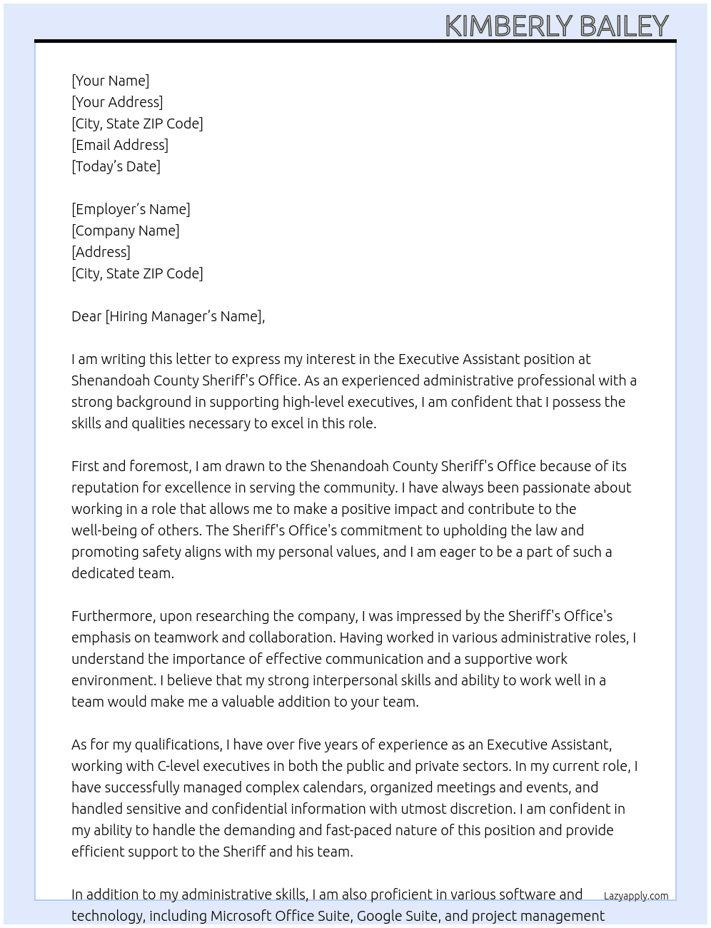Executive Assistant At Shenandoah County Sheriff's Office  Cover Letter