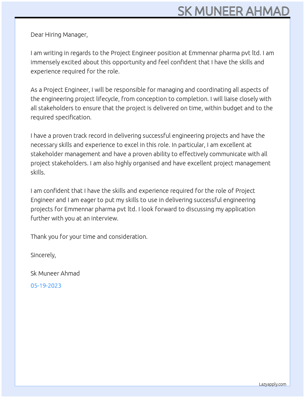 Project Engineer  At Emmennar pharma pvt ltd Cover Letter