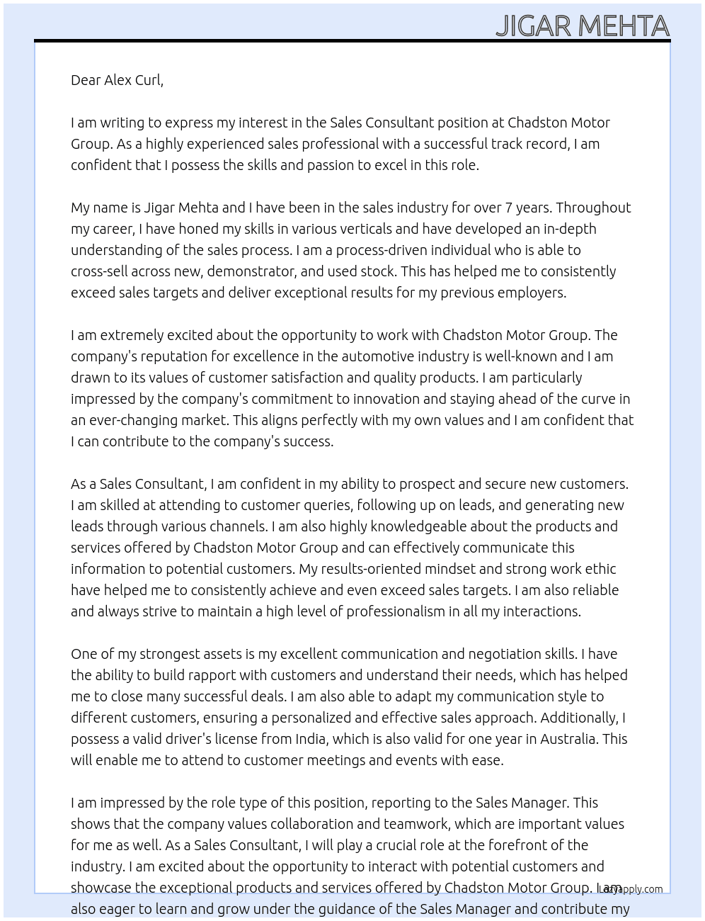 Sales Consultant At Chadston Motor Group Cover Letter
