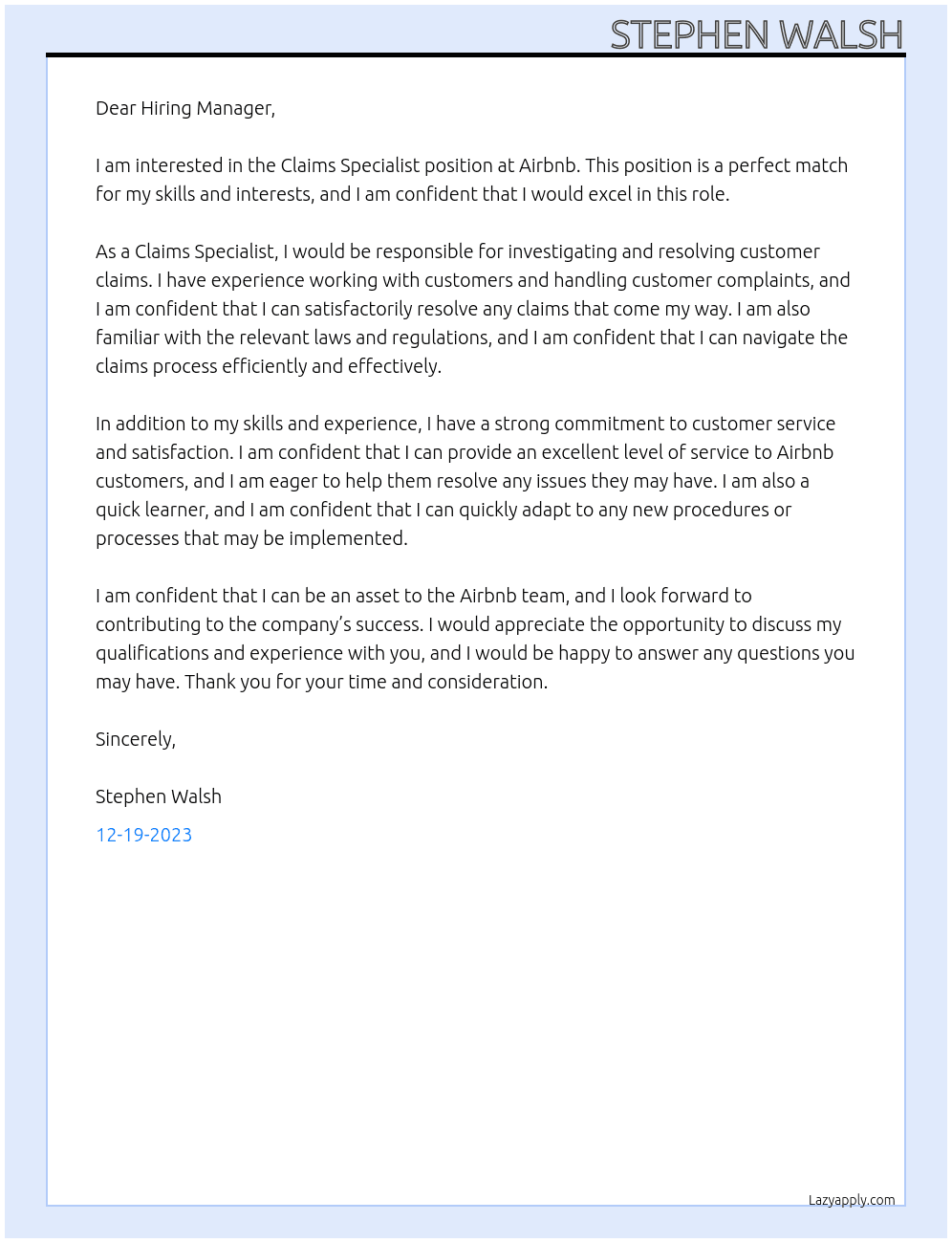 Claims specialist  At Airbnb Cover Letter