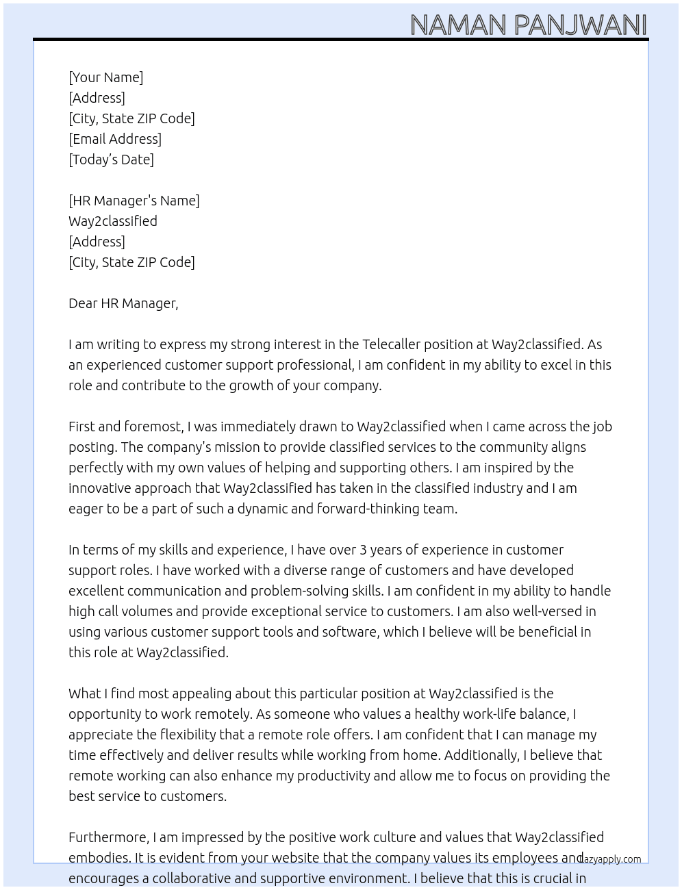 telecaller At Way2classified Cover Letter