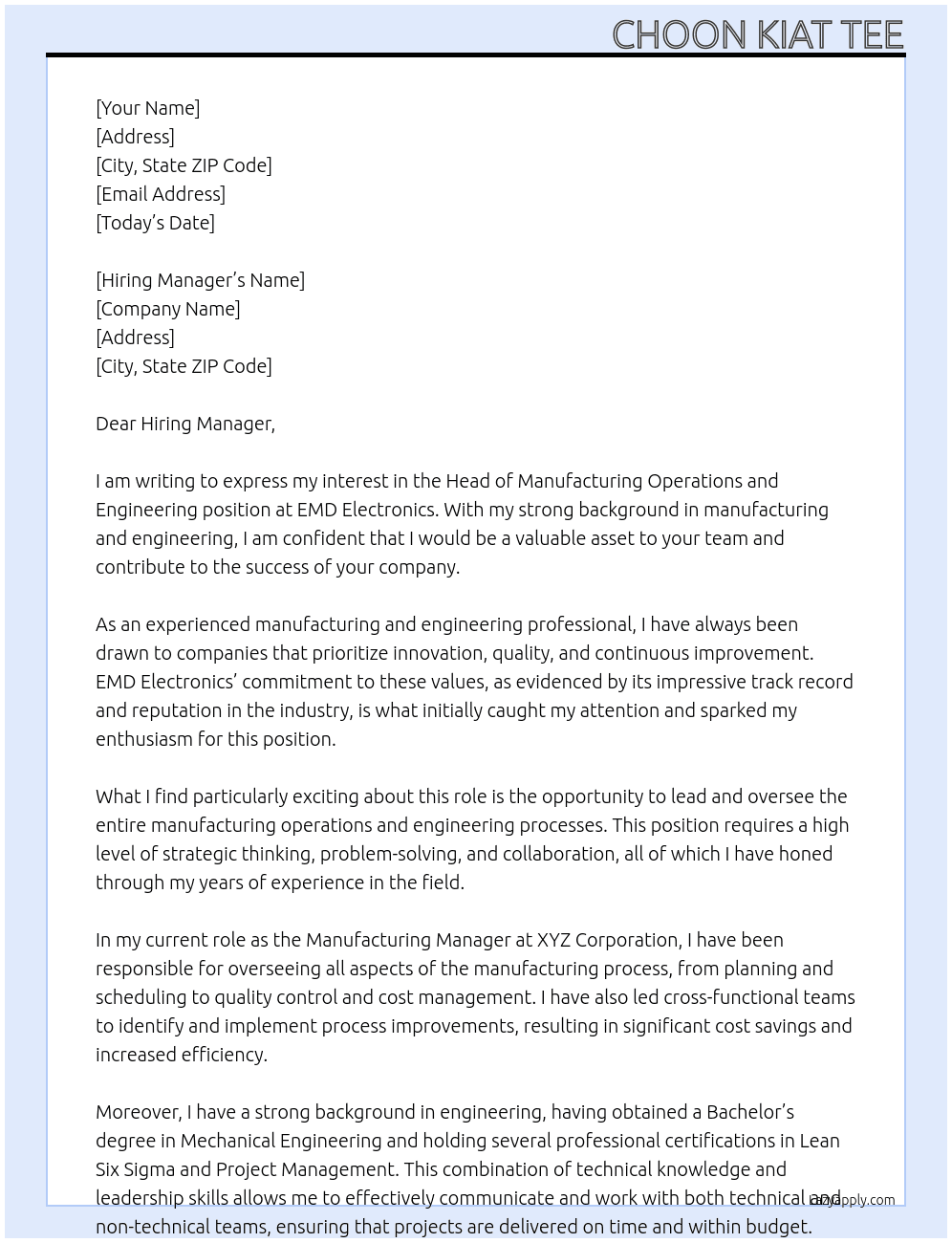 Head of Manufacturing Operations and Engineering At EMD Electronics Cover Letter