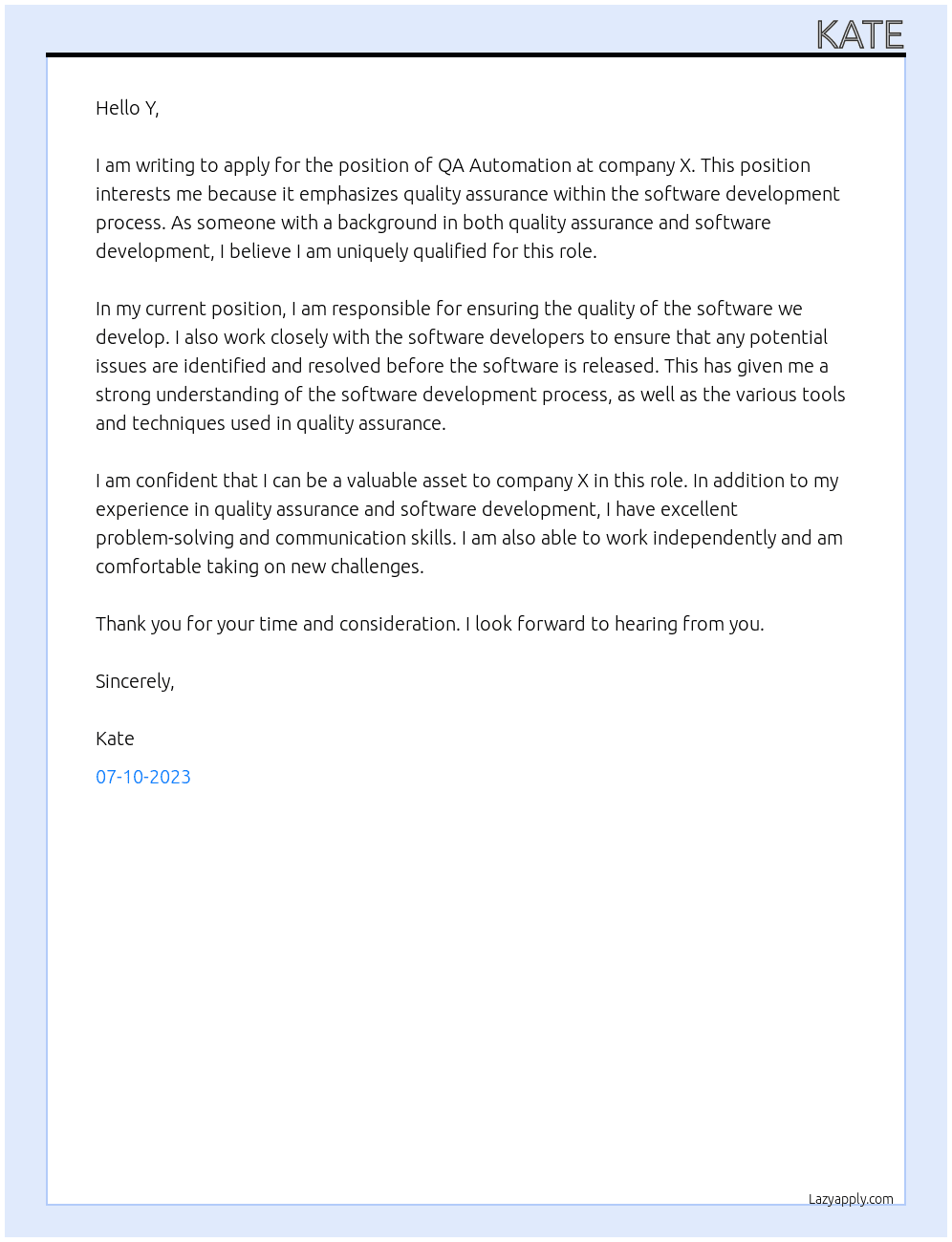 QA Automation  At X Cover Letter