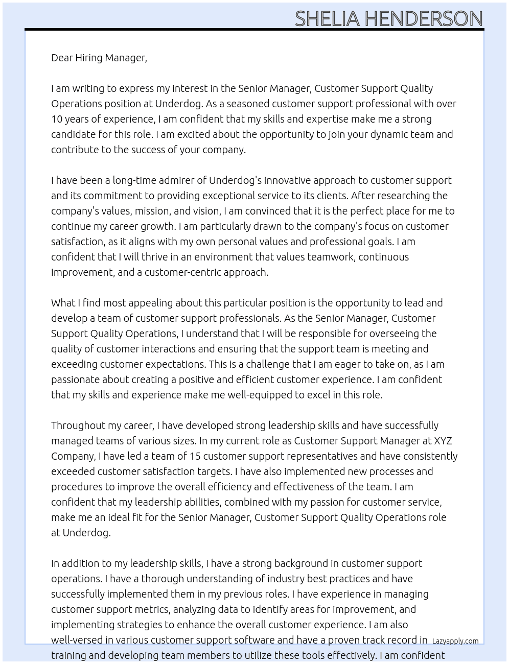 Senior Manager, Customer Support Quality Operations At Underdog Cover Letter