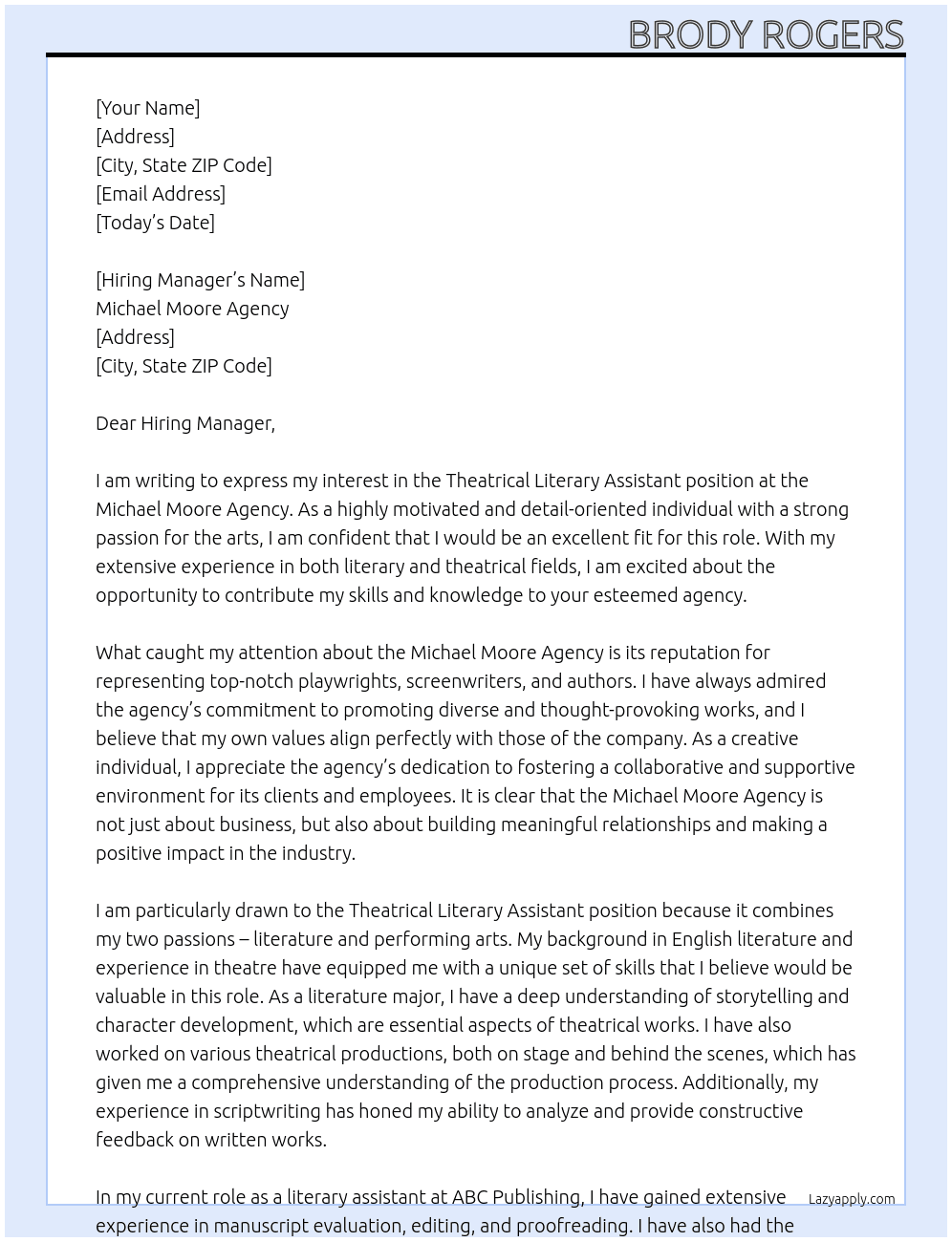Theatrical Literary Assistant At Michael Moore Agency Cover Letter