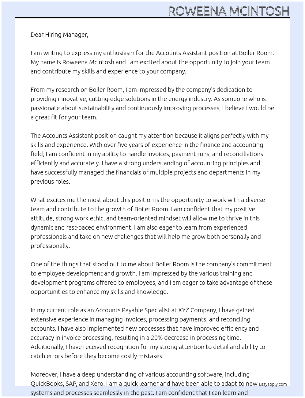 Accounts Assistant At Boiler Room Cover Letter