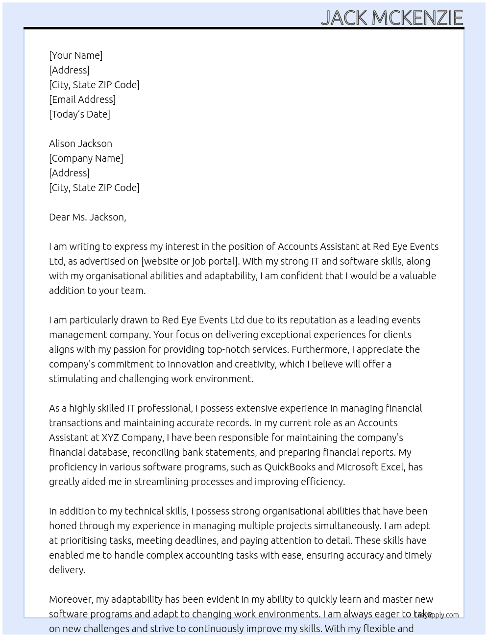 Accounts assistant At Red Eye Events Ltd Cover Letter