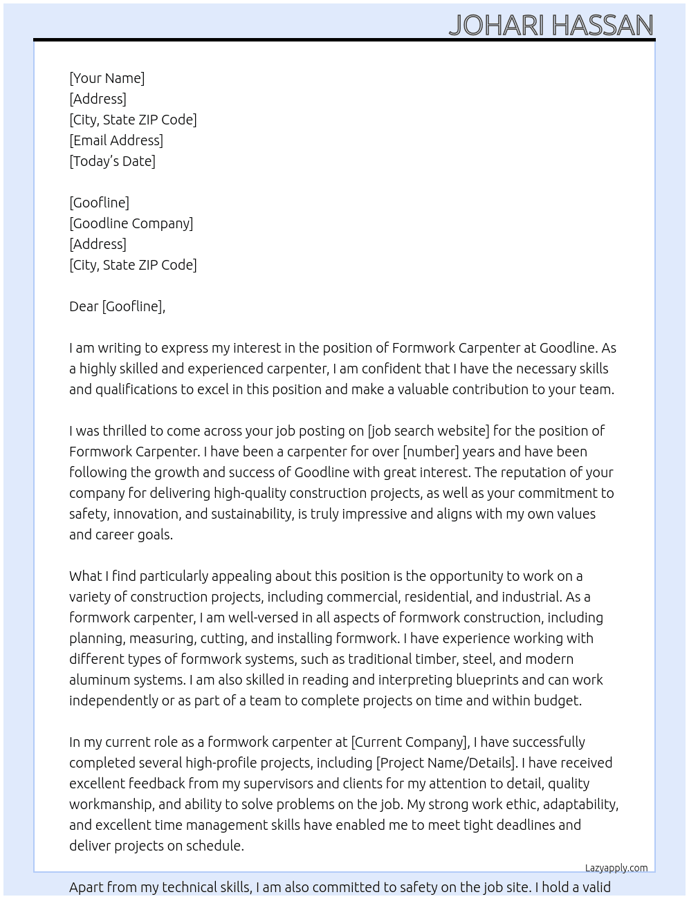 formwork carpenter At Goodline Cover Letter