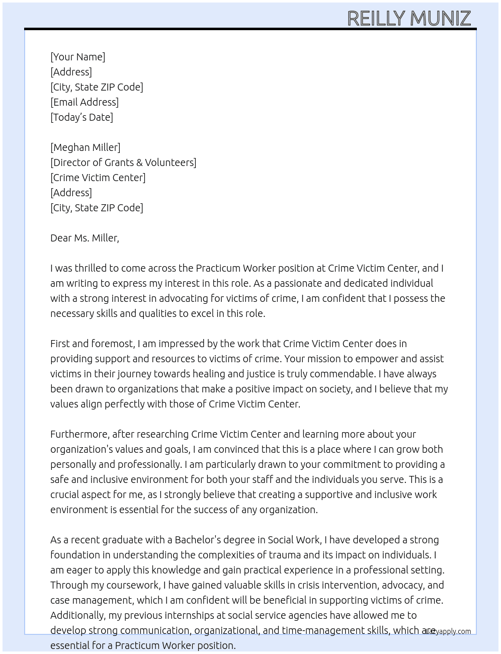 Practicum worker  At Crime Victim Center Cover Letter