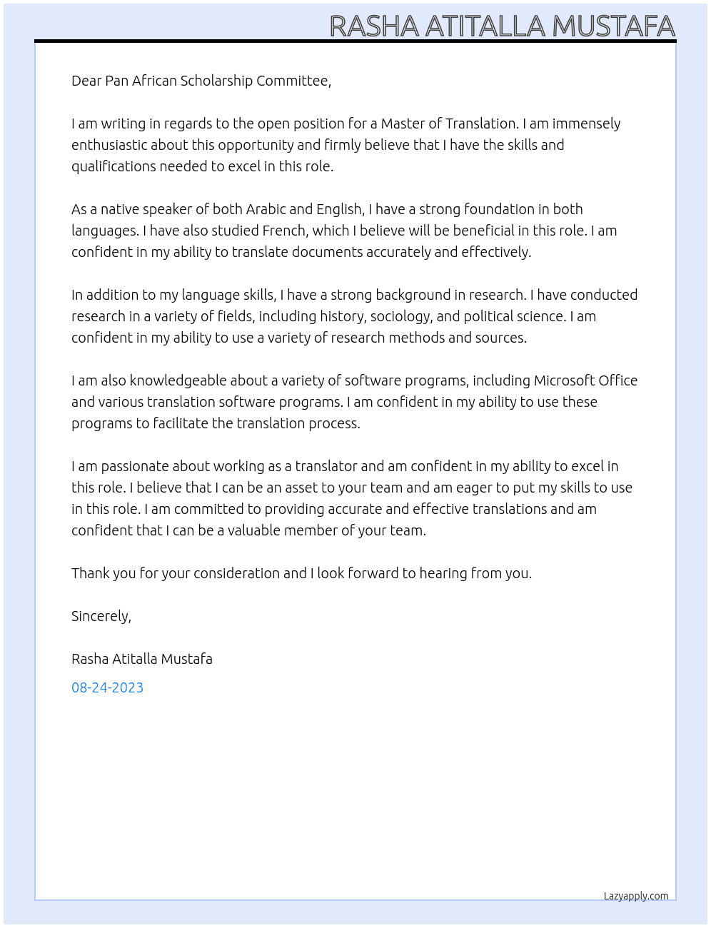 Master for Translation  At Pan African Scholarship Cover Letter