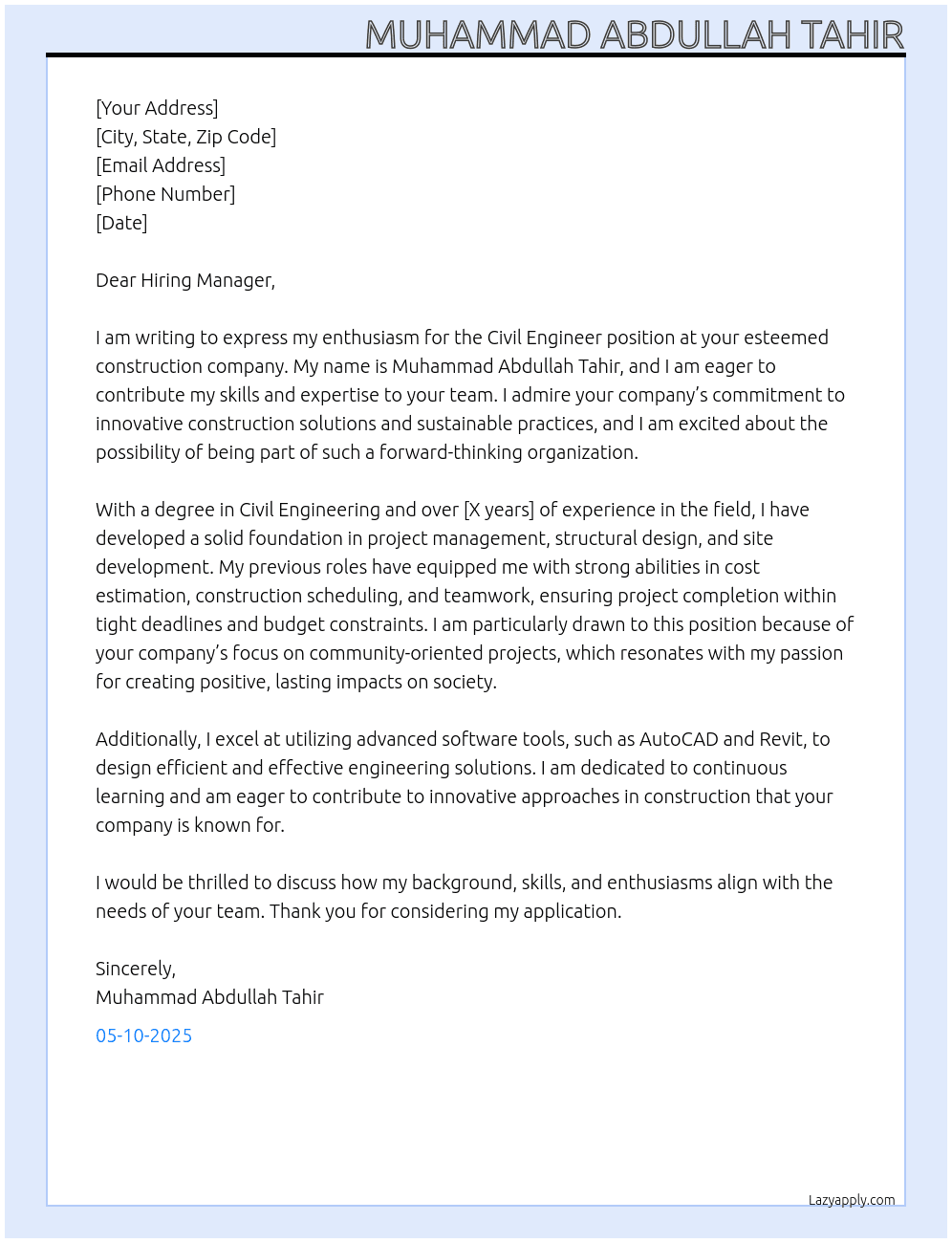 Civil Engineer At Construction company Cover Letter