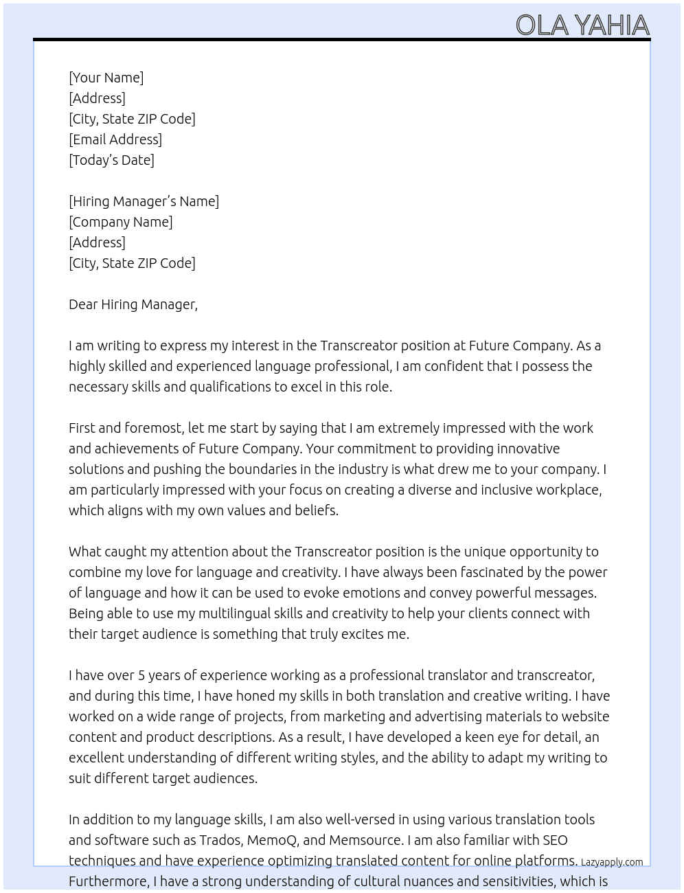 Transcreator At Future company Cover Letter