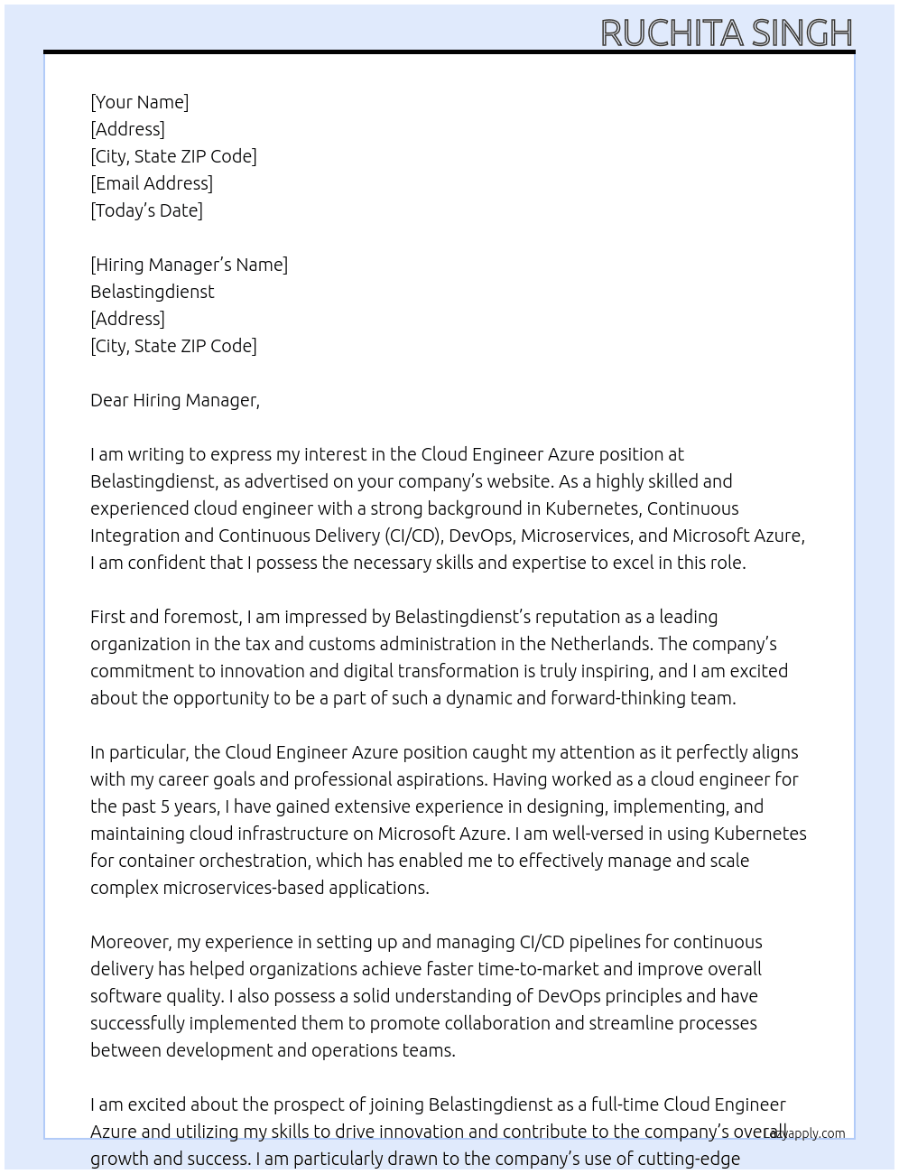 Cloud engineer Azure At Belastingdienst Cover Letter