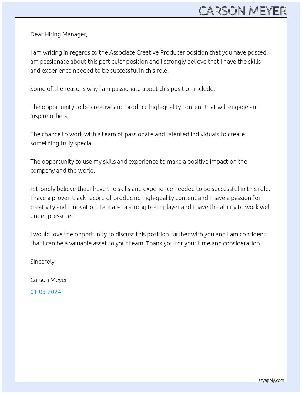 Associate Creative Producer  At Associate Creative Producer Cover Letter