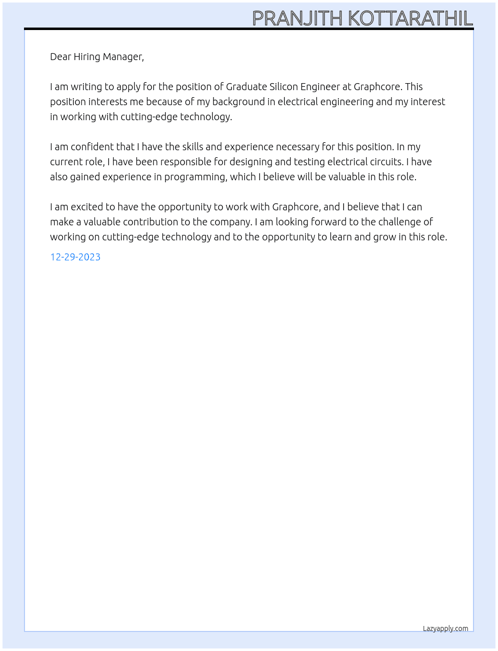 Graduate Silicon Engineer At Graphcore Cover Letter