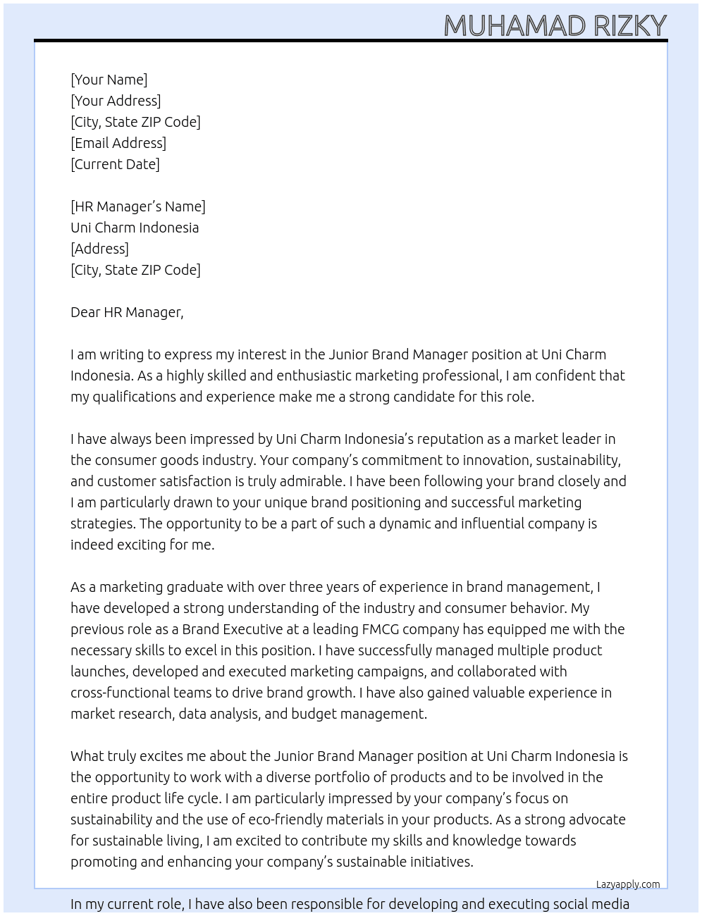 Junior Brand Manager At Uni Charm Indonesia Cover Letter