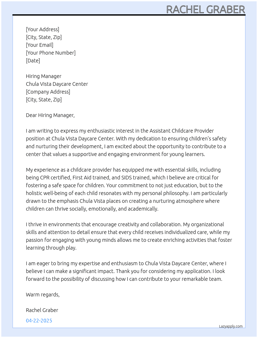 Assistant childcare provider At Chula Vista Daycare Center Cover Letter