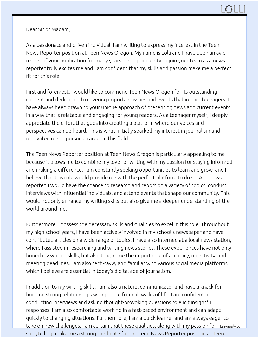 Teen News Reporter At Teen News Oregon Cover Letter