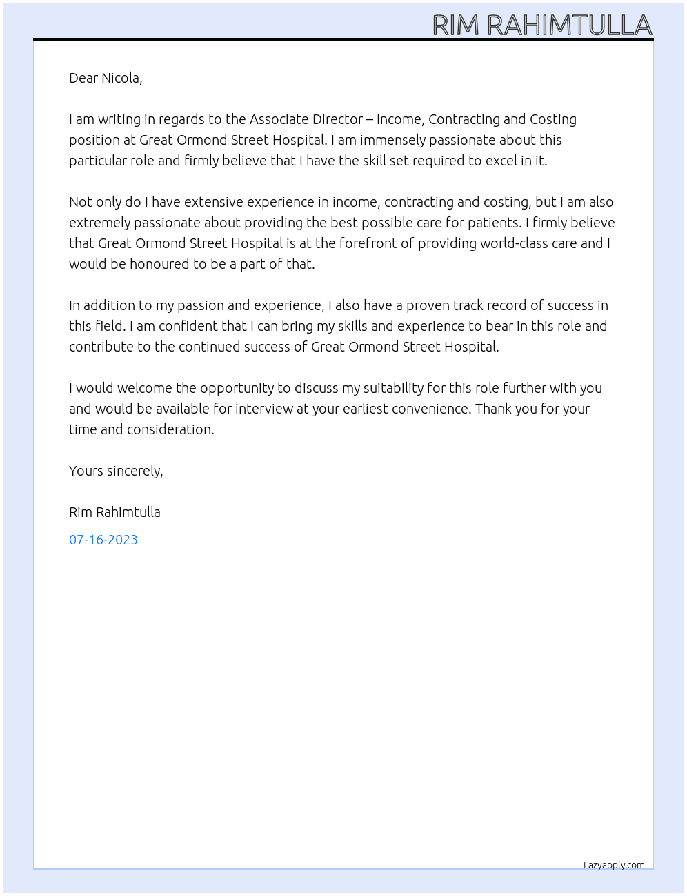 Associate Director – Income, Contracting and Costing At Great Ormond Street Hospital Cover Letter