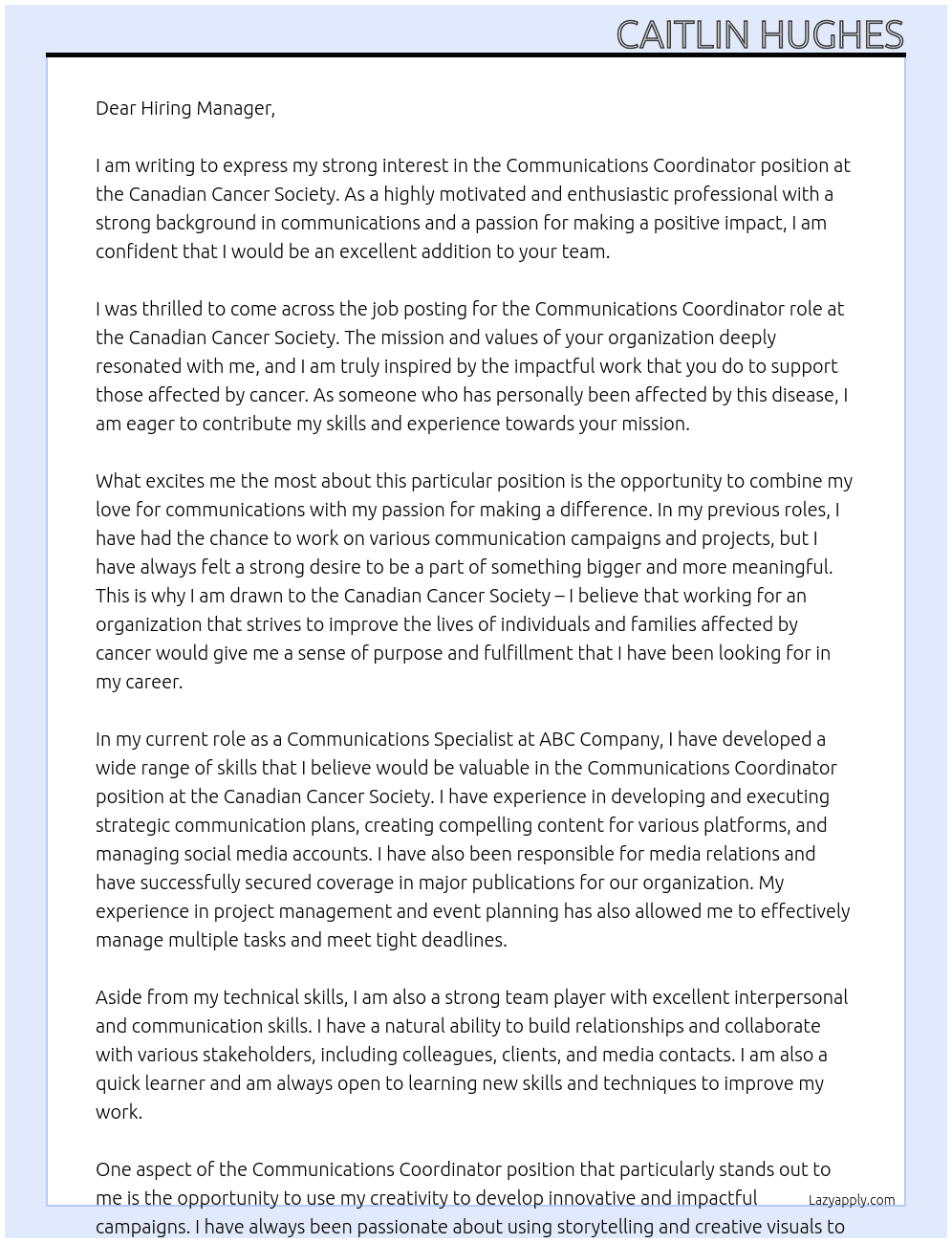 Communications Coordinator At Canadian Cancer Society Cover Letter