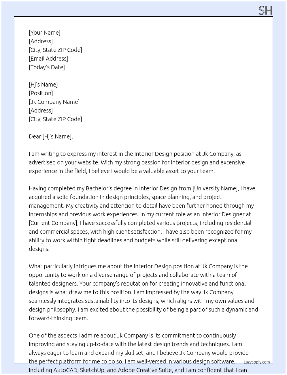 Interior design  At Jk Cover Letter