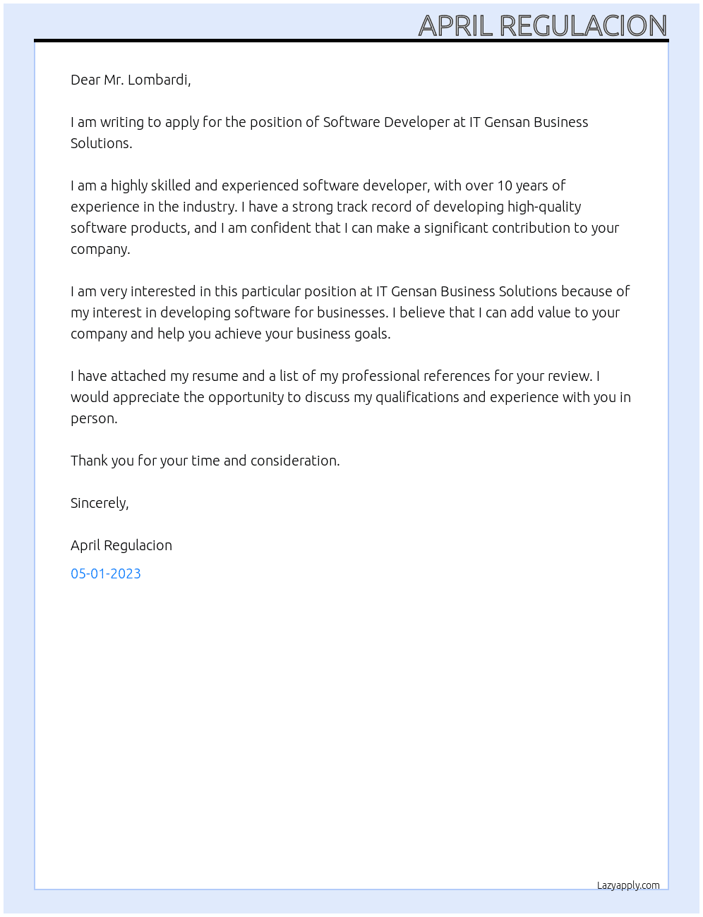 Software Developer At IT Gensan Business Solutions Cover Letter
