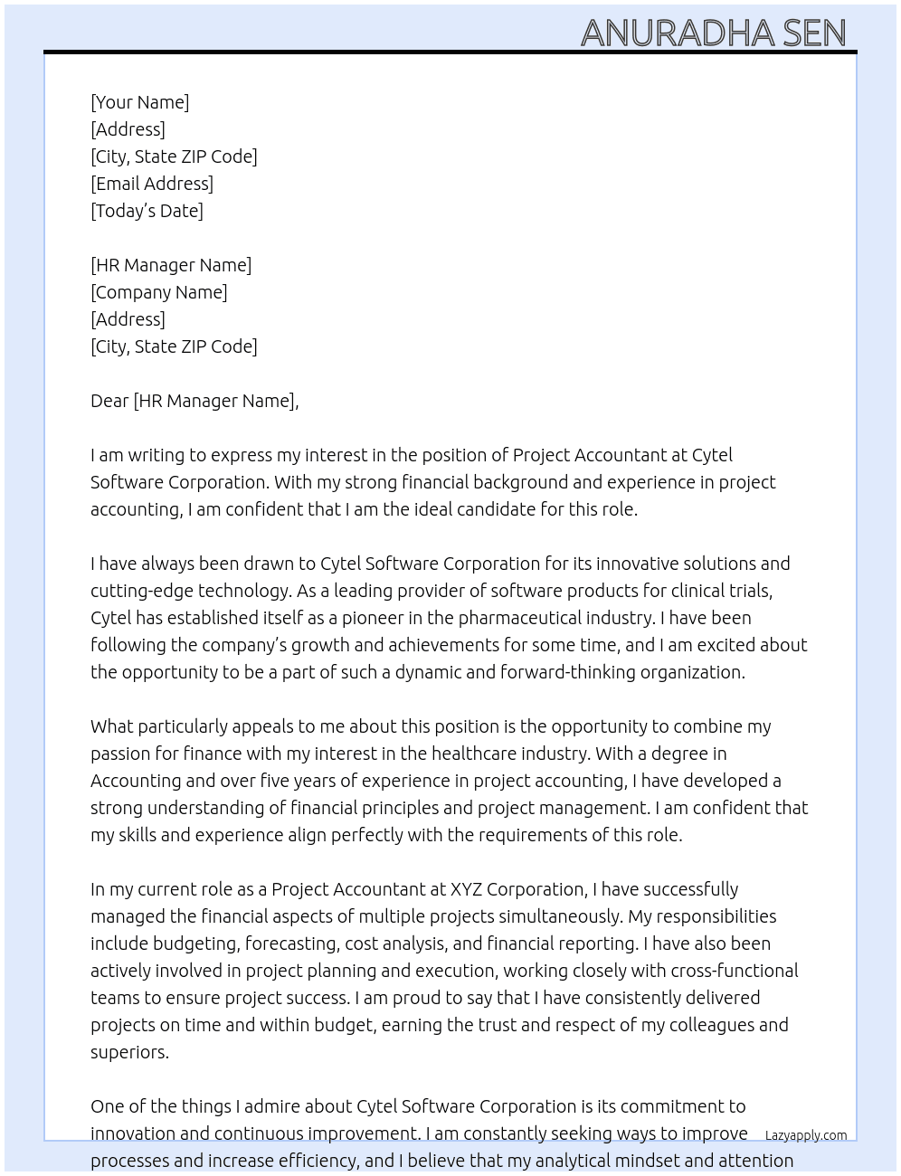 Project Accountant  At Cytel Software Corporation Cover Letter