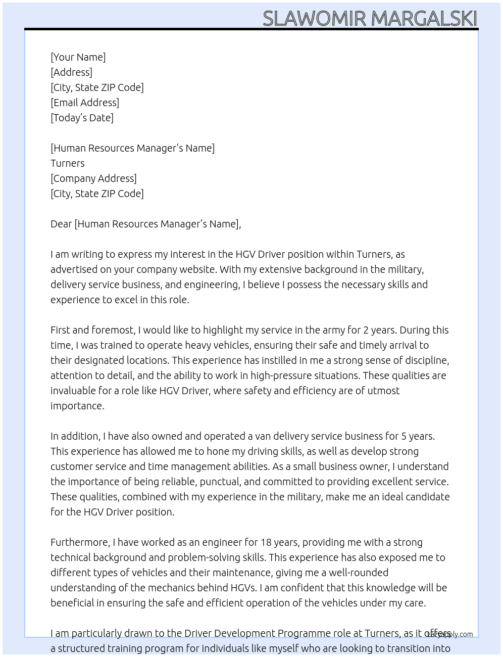 HGV Driver At Turners Cover Letter