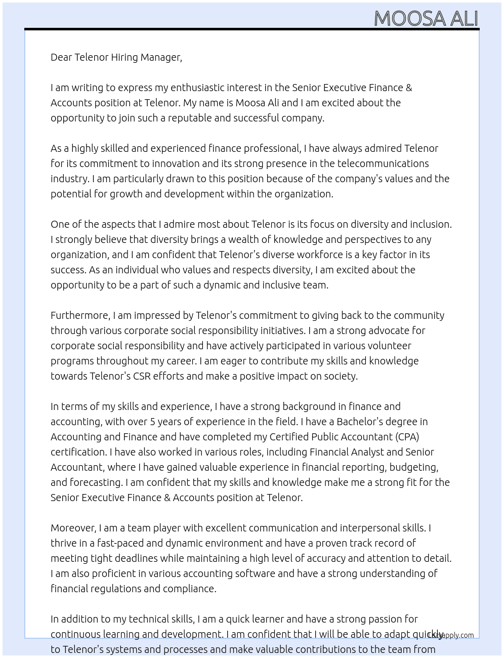 Senior Executive Finance & Accounts At Telenor Cover Letter