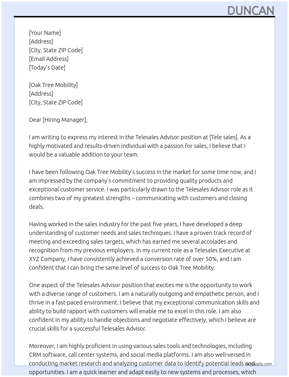 Telesales Advisor At Tele sales Cover Letter