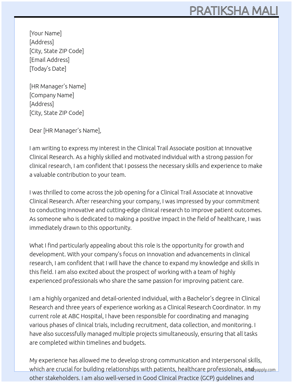 Clinical Trail Associate At Innovative Clinical Research Cover Letter