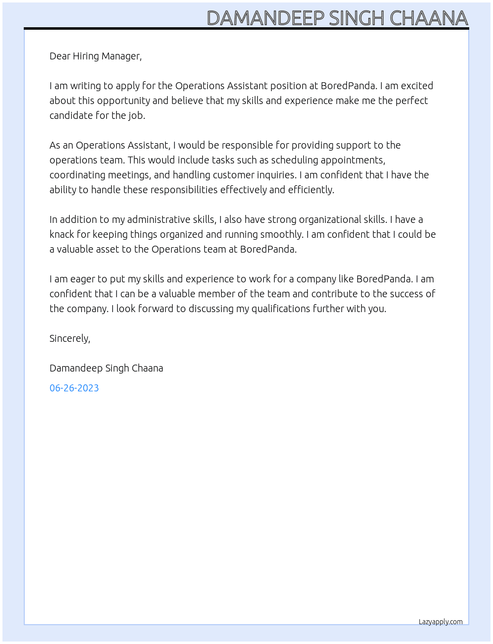 Operations Assistant At boredpanda Cover Letter