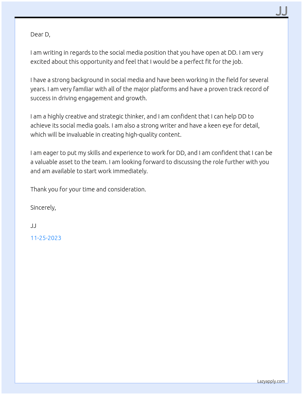 Social Media At DD Cover Letter