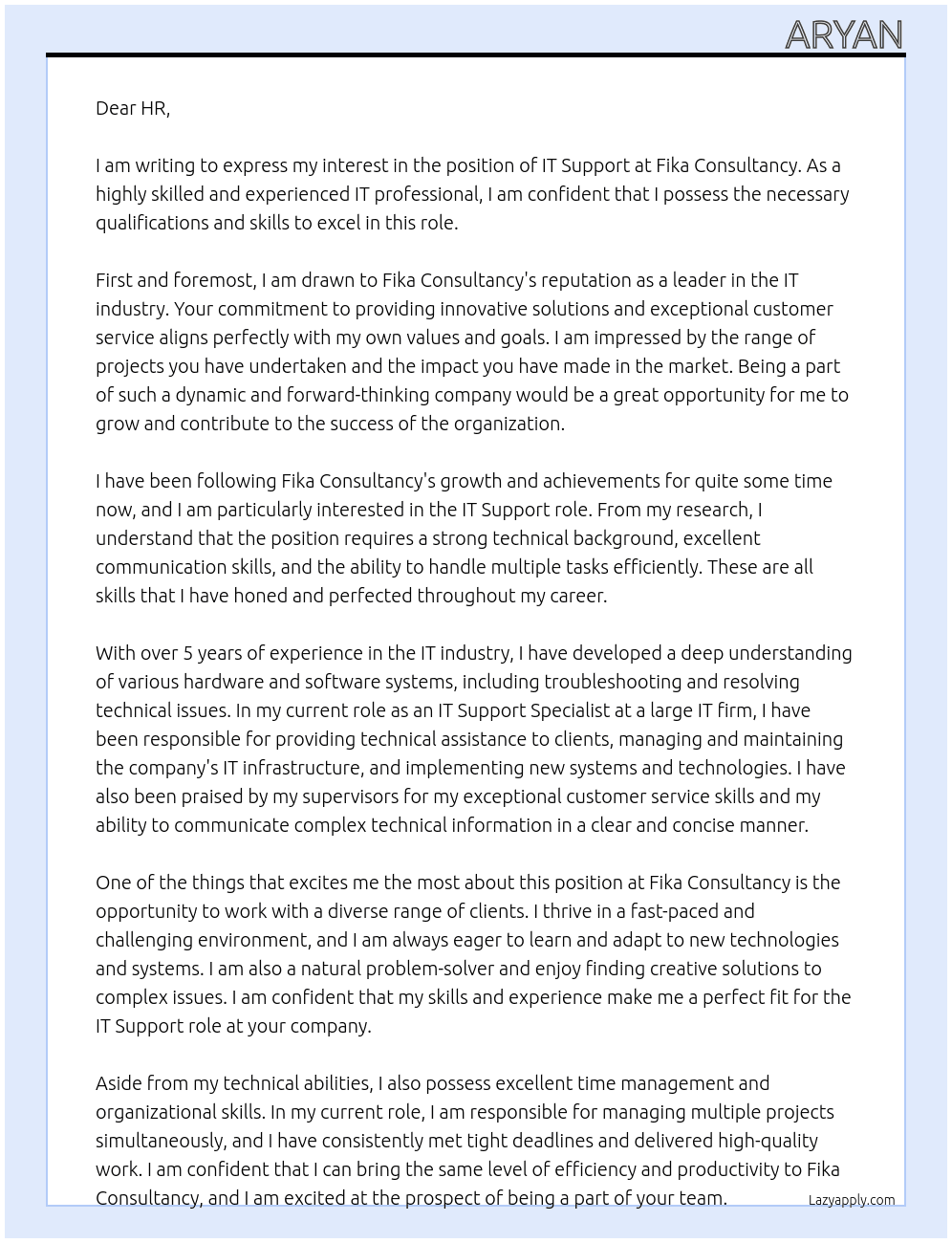 IT Support At Fika Consultancy Cover Letter
