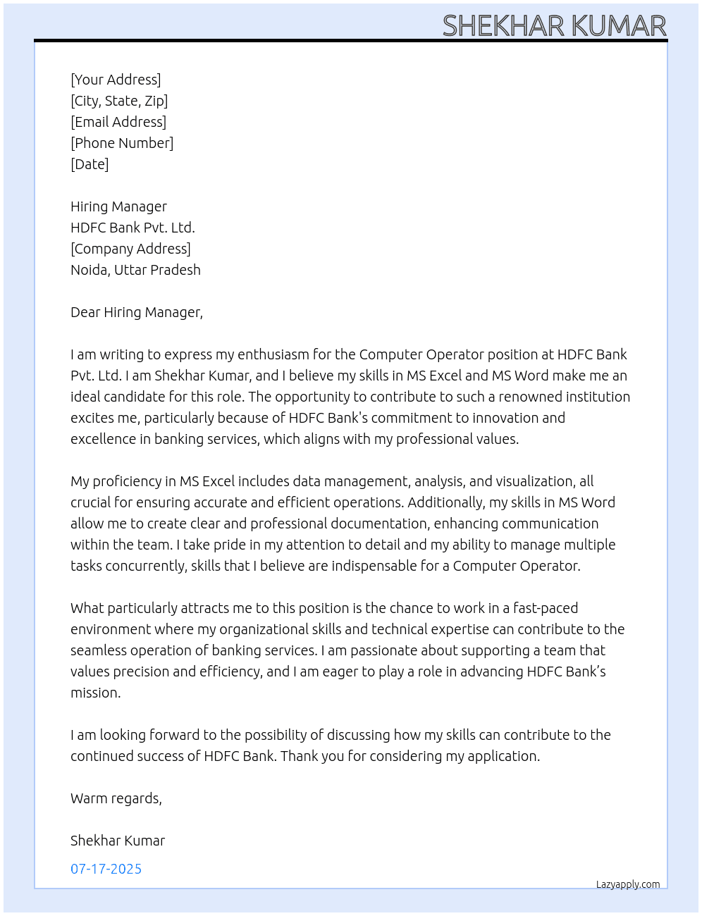 Cover letter for computer operater - LazyApply